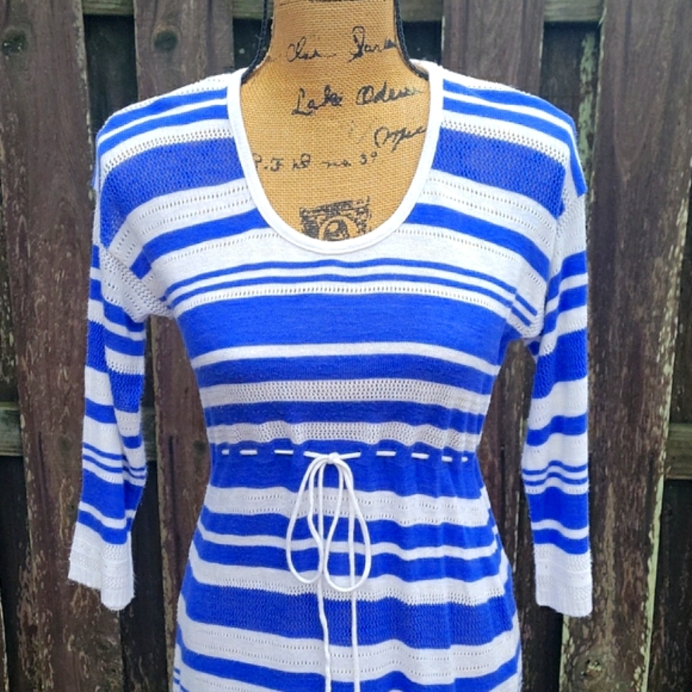 Motherhood Maternity Striped  Babydoll Pointelle Sweater with Drawstring Tie - Picture 5 of 17